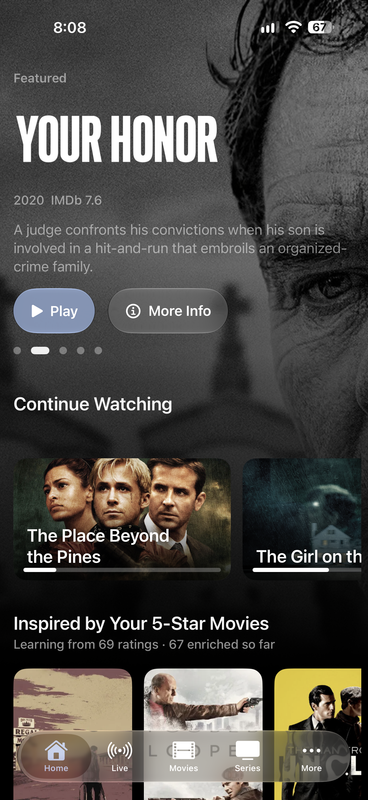 Odyssey on iPhone, showing a featured series, Continue Watching and movie recommendations